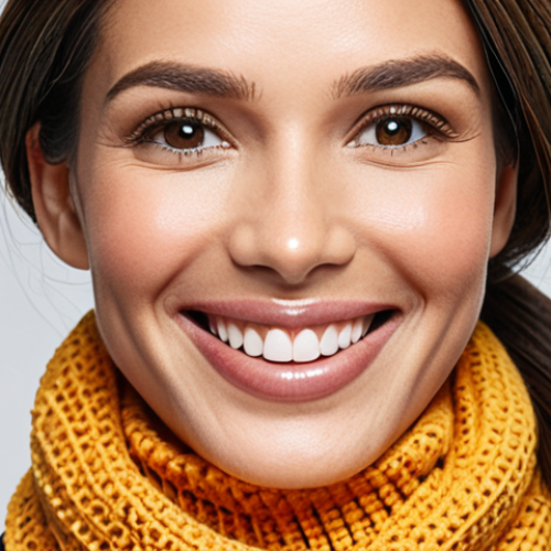 Home 4 **
A woman smiling confidently, showcasing a defined jawline and neck after chin liposuction. She's wearing a stylish outfit (no scarf or high collar). The background is a bright, modern setting.
**