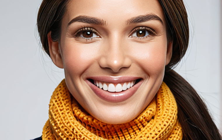 **
A woman smiling confidently, showcasing a defined jawline and neck after chin liposuction. She's wearing a stylish outfit (no scarf or high collar). The background is a bright, modern setting.
**