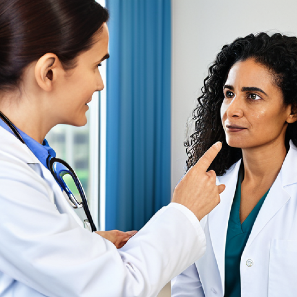A professional female doctor, wearing a modest lab coat, in a brightly lit, clean medical office, consulting with a mature female patient. The doctor is gesturing calmly while the patient listens attentively, fostering an atmosphere of trust and clear communication. Both are fully clothed in appropriate attire. safe for work, appropriate content, professional, perfect anatomy, correct proportions, natural pose, well-formed hands, proper finger count, natural body proportions, professional photography, high quality.
