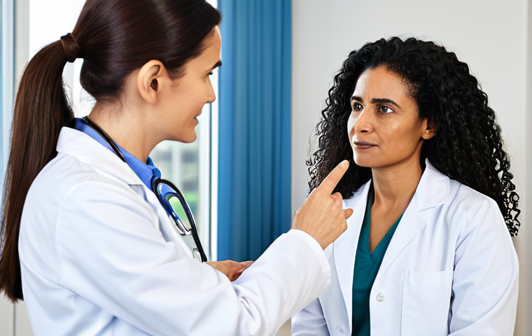 A professional female doctor, wearing a modest lab coat, in a brightly lit, clean medical office, consulting with a mature female patient. The doctor is gesturing calmly while the patient listens attentively, fostering an atmosphere of trust and clear communication. Both are fully clothed in appropriate attire. safe for work, appropriate content, professional, perfect anatomy, correct proportions, natural pose, well-formed hands, proper finger count, natural body proportions, professional photography, high quality.