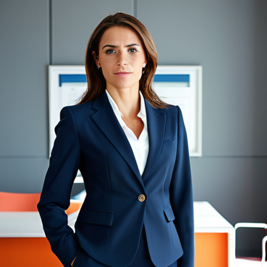 The Confident Professional**

"A successful businesswoman in a tailored business suit, standing in a bright, modern office in Madrid, fully clothed, appropriate attire, safe for work, perfect anatomy, natural proportions, professional photography, high quality, serious but approachable expression."

**