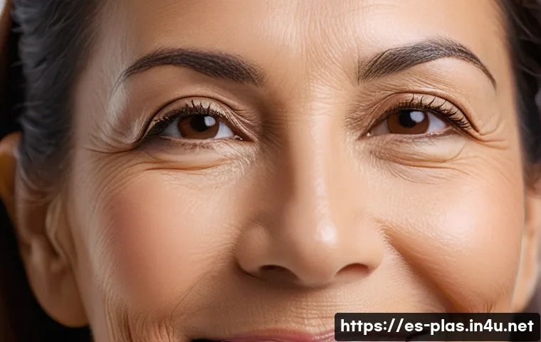 눈 성형 유지 기간 - A close-up portrait of a middle-aged Hispanic woman smiling gently, showing natural, rejuvenated upp...