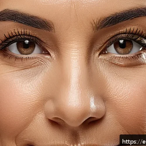 눈밑 지방재배치 효과 - A close-up portrait of a middle-aged Hispanic woman with a refreshed and youthful eye area, showing ...