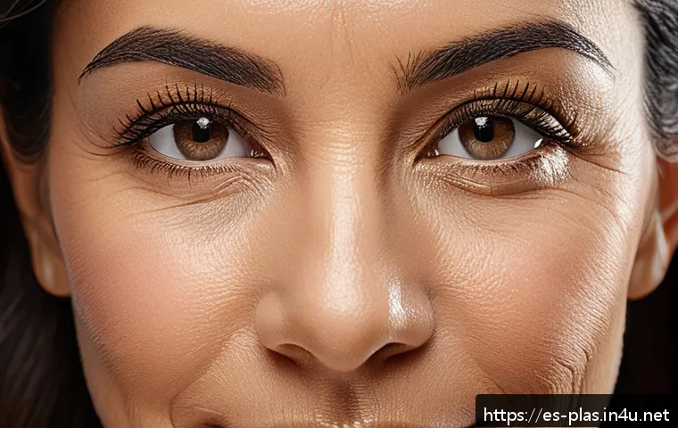눈밑 지방재배치 효과 - A close-up portrait of a middle-aged Hispanic woman with a refreshed and youthful eye area, showing ...