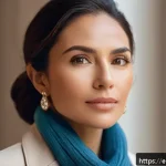 턱 끝 필러 추천 - A close-up portrait of a confident Hispanic woman in her 30s with a perfectly contoured chin enhance...