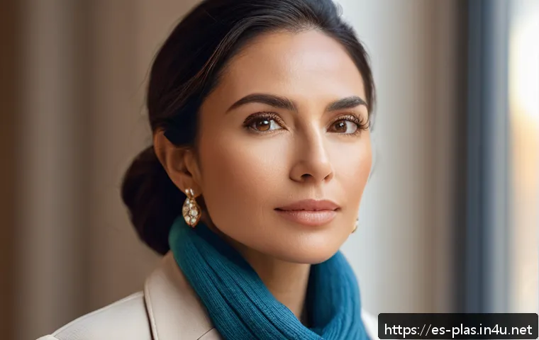 턱 끝 필러 추천 - A close-up portrait of a confident Hispanic woman in her 30s with a perfectly contoured chin enhance...