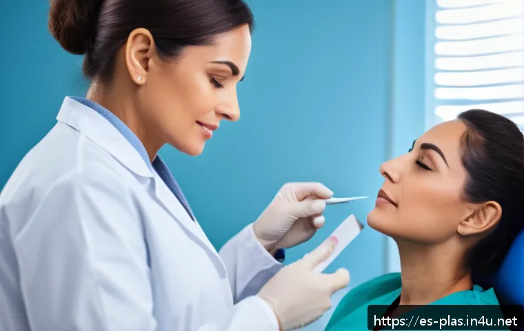 성형외과 상담 체크리스트 - A professional medical consultation scene featuring a confident Hispanic female plastic surgeon in a...