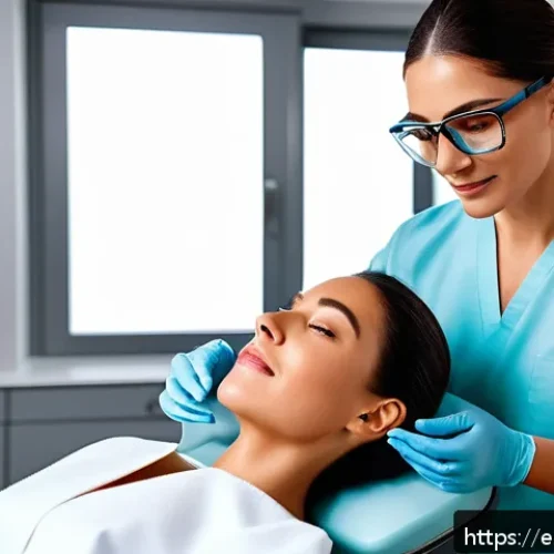 레이저 리프팅 비교 - A modern skincare clinic setting showing a professional female dermatologist performing fractional l...