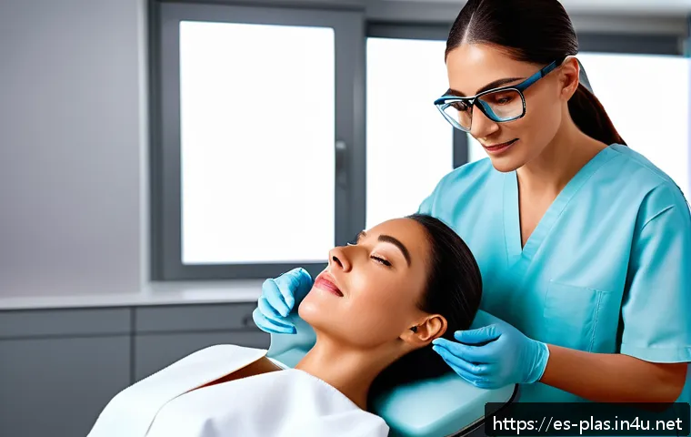 레이저 리프팅 비교 - A modern skincare clinic setting showing a professional female dermatologist performing fractional l...