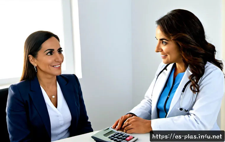 성형외과 보험 혜택 - Photorealistic insurance consultation at a modern Spanish private clinic in Madrid, mature Hispanic ...
